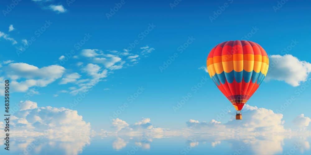 Vibrant hot air balloon floats gracefully in a sky of deep azure blue Vibrant hot air balloon floats gracefully in a sky of deep azure blue