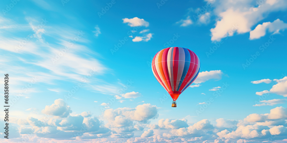Obraz premium Vibrant hot air balloon floats gracefully in a sky of deep azure blue
