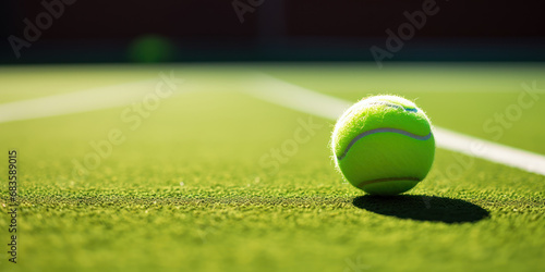 Solitary tennis ball rests on the vibrant green surface of a sunlit tennis court © Putra