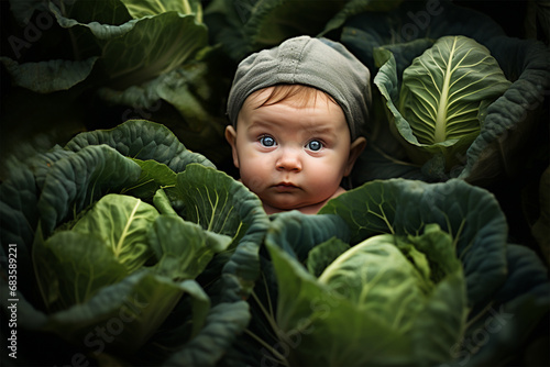 little kid in cabbage. Baby standing in green cabbage in the garden