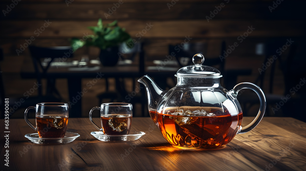 a teapot and several filled glasses on the table, in a simple style a teapot and several filled glasses on the table, in a simple style