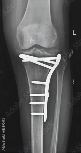 Radiographic view illustrating meticulous fixation of a tibial plateau fracture. photo