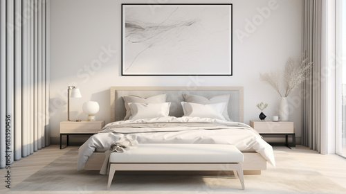 A luxuriously decorated bedroom with an abstract painting on the wall Side view © Sajib