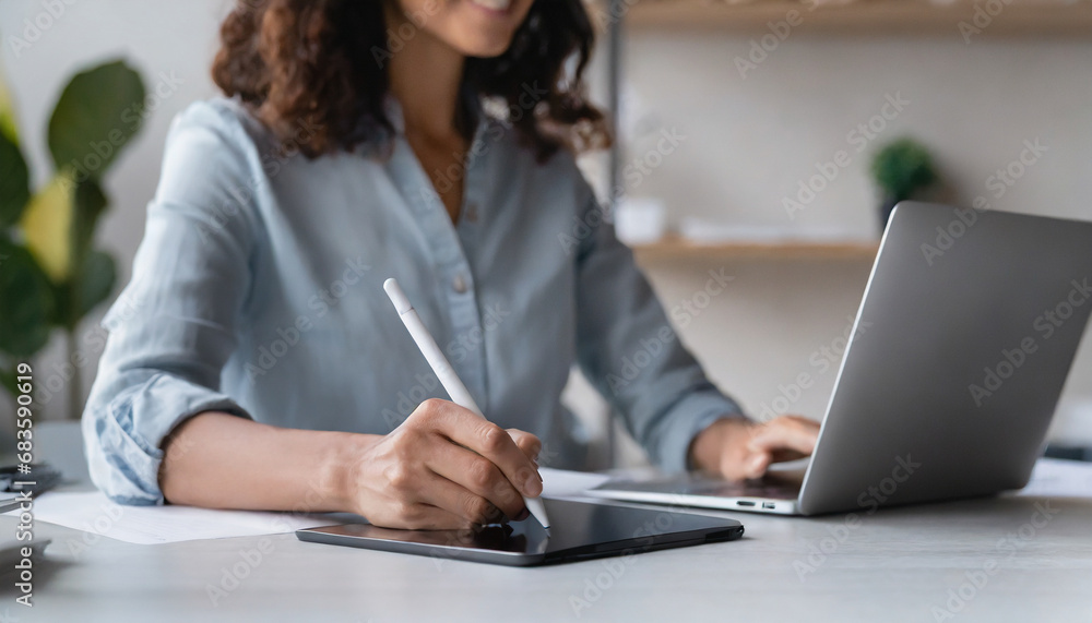 businesswoman confidently signs on a digital tablet, symbolizing efficiency, modernity, and seamless online transactions in a professional setting businesswoman confidently signs on a digital tablet, symbolizing efficiency, modernity, and seamless online transactions in a professional setting