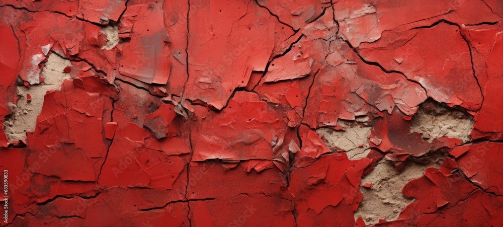Aged and Weathered Red Concrete Wall with Cracks and Peeling Paint