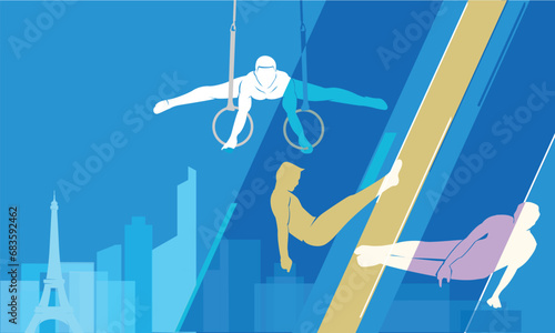 Great editable vector file of international gymnastic sport festival with players silhouette in the front of Paris skyline with classy and unique style best for your digital design and print mockup