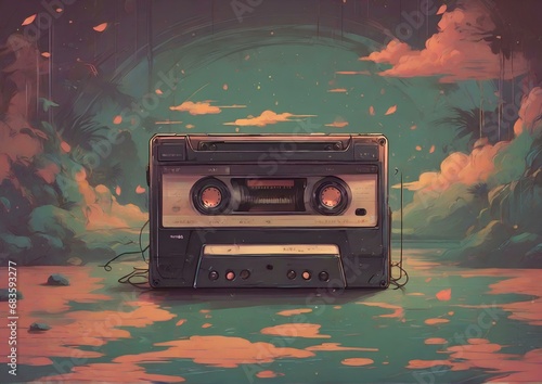 Lofi music background with cassette tape, colorful illustration 