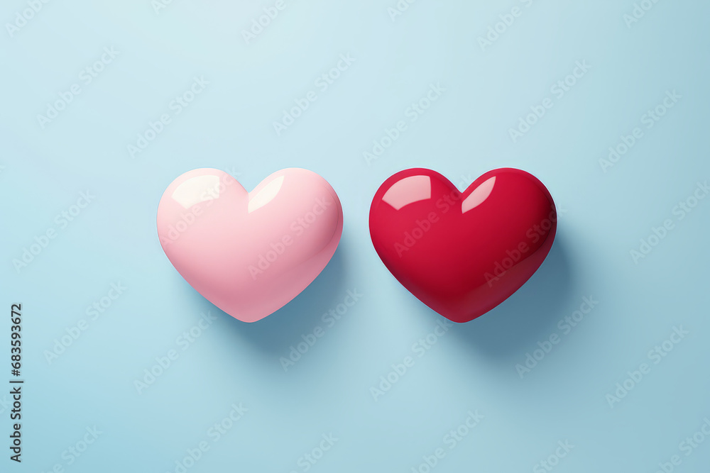 Close up photo of two candy hearts, one pink and one red heart isolated on light blue background