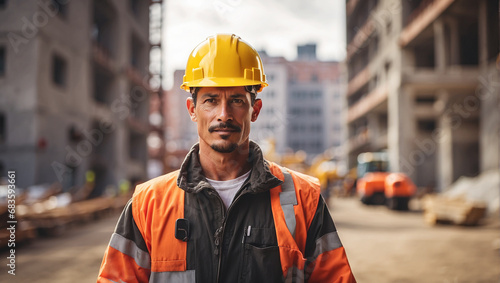 Construction worker with a blurry building area background