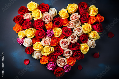 Multicolored roses arranged in the shape of a heart, isolated on solid dark blue background