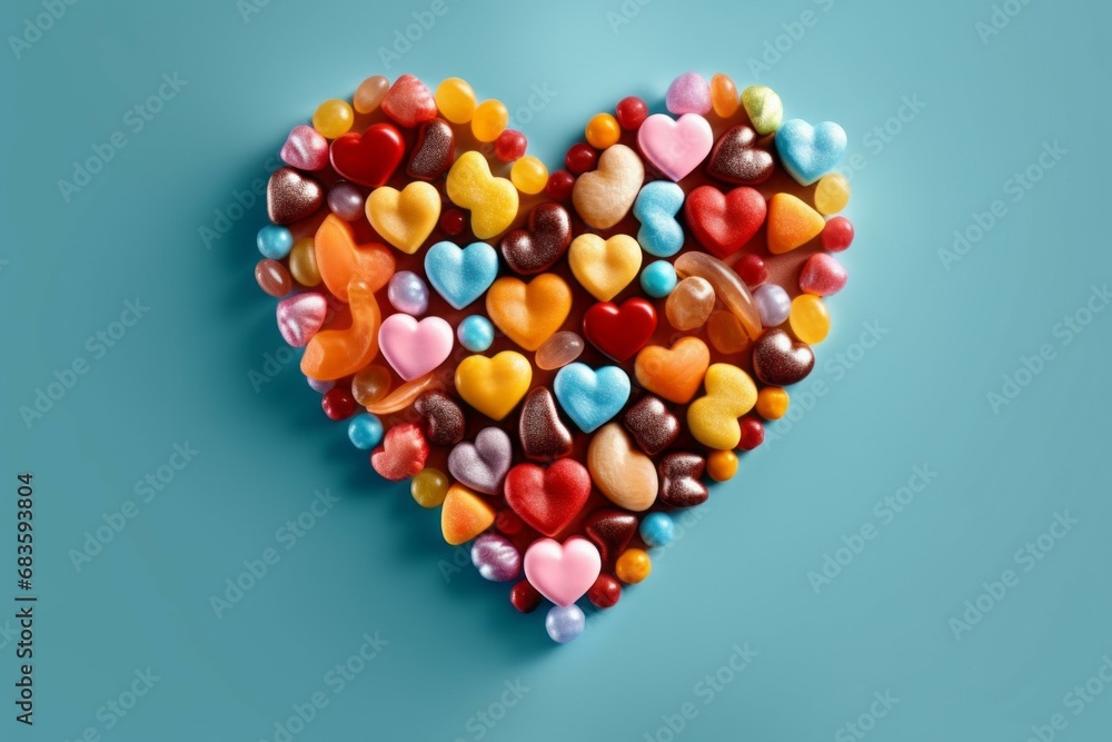 Multi-colored small candies with a heart-shaped layout. Background with selective focus and copy space Multi-colored small candies with a heart-shaped layout. Background with selective focus and copy space