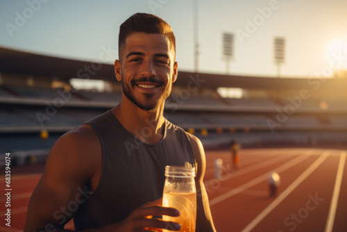 Male runner with isotonic drink after training. Background with selective focus and copy space photo