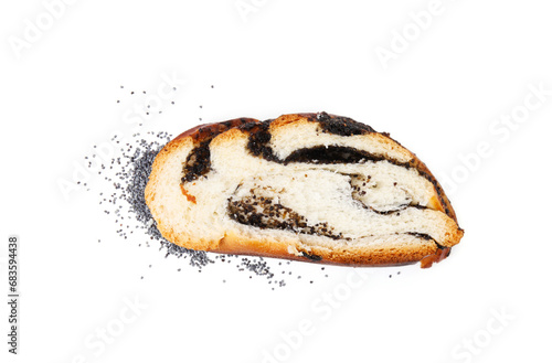 One piece of poppy seed roll isolated on white, top view. Tasty cake