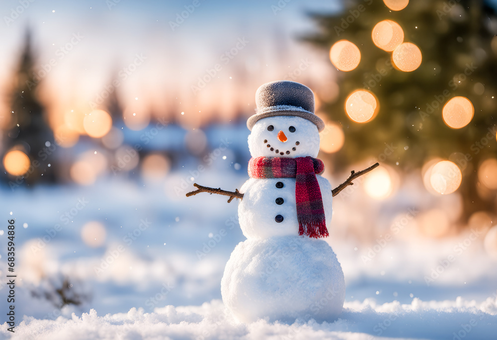 happy snowman in town with cold snow, frost, trees, warm holiday light bokeh and snow flakes