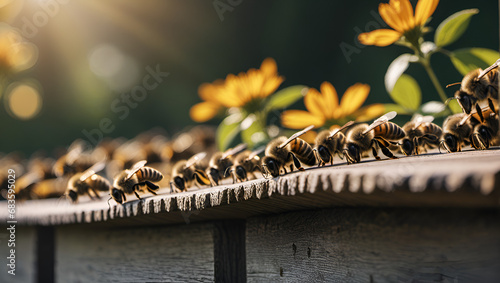 A lot of bees returning to bee hive and entering beehive with collected floral nectar and flower pollen, A honey bee close-up on a flower with bokeh background, bees, beehive, honey bees, pollination,