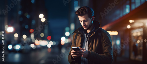 man walking through the city at night looking at his mobile phone and writing a message photo