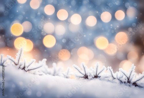christmas tree branch on blissful snowy background with light bokeh, snowflakes and holiday feeling