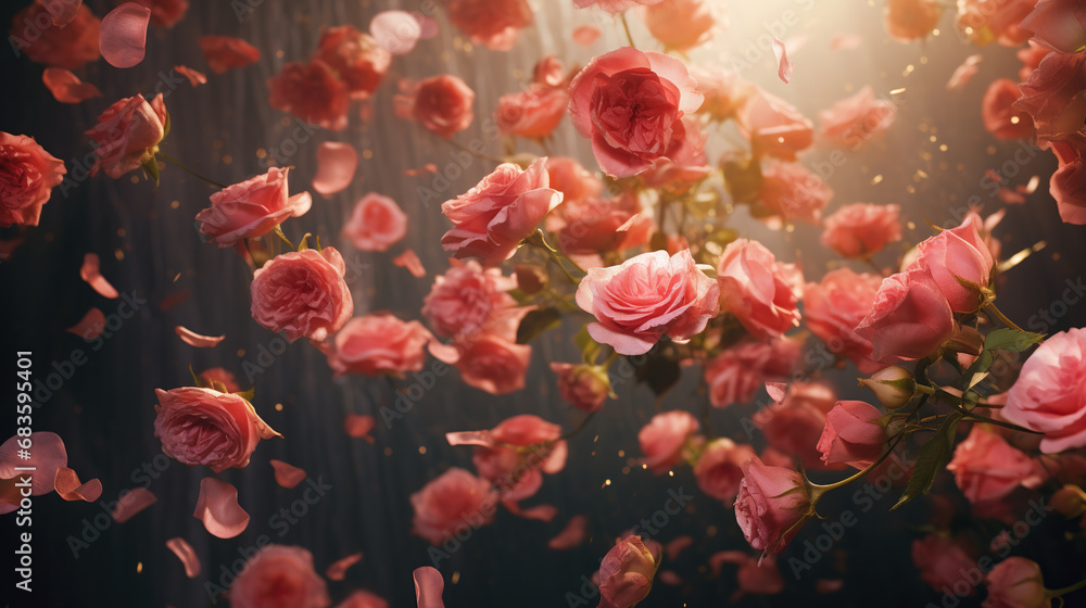 Beautiful red roses on a dark background. Soft focus. Flower background. Beautiful red roses on a dark background. Soft focus. Flower background.