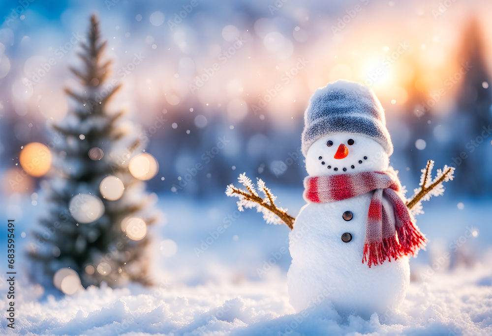 happy charming snowman in woods with cold snow, frost, trees, warm holiday light bokeh and snow flakes