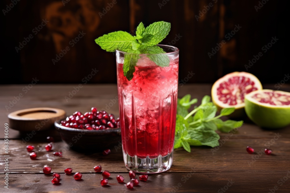 A detailed view of a refreshing summer drink: pomegranate and mint fizz A detailed view of a refreshing summer drink: pomegranate and mint fizz