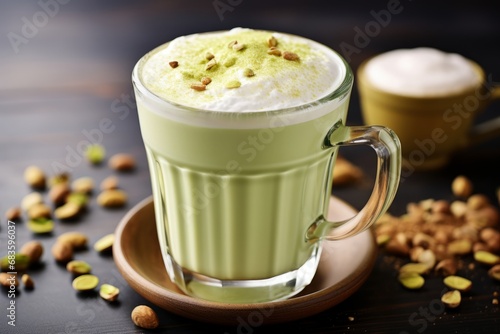 Enjoy the rich flavors of a hot pistachio latte served in a transparent mug with a sprinkle of nuts