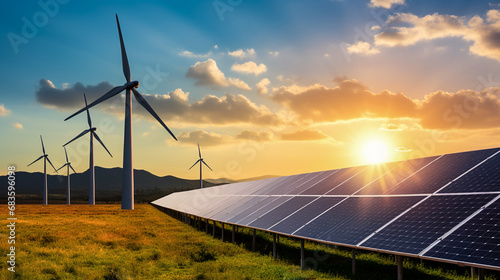 The Rise of Solar and Wind Energy  Revolutionizing the Power Industry, solar panels and windmill ,wind turbine  on the hill