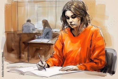 woman prisoner in orange jumpsuit in courtroom photo