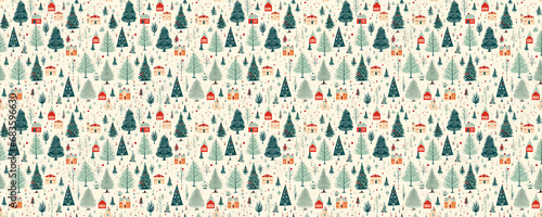 Beautiful Christmas or New Year patterns with drawings of houses and pine trees with white background
