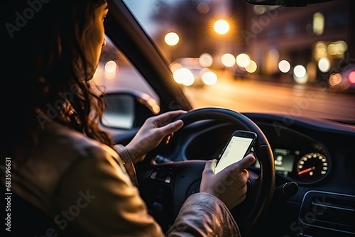 woman driving and using phone. 