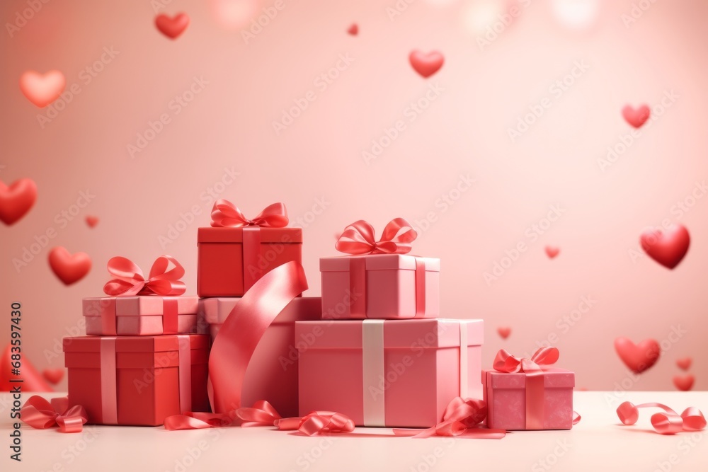 Valentine's Day minimal background with gift stack against pastel background .