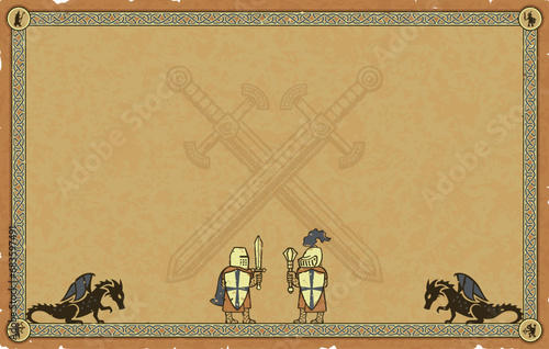 Medieval Parchment with Knights, Dragons, Crossed Shortswords