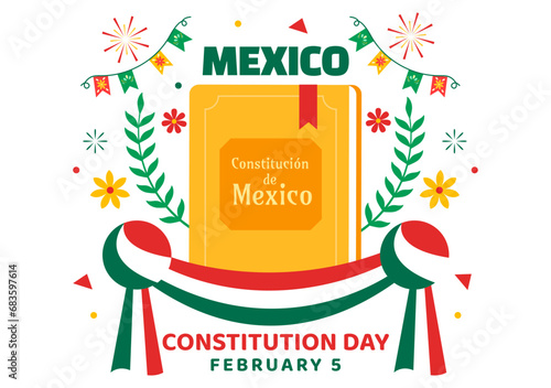 Dia De La Constitucion Vector Illustration. Translation: Happy Constitution Day of Mexico on February 5 with Mexican Hat and Waving Flag Background
