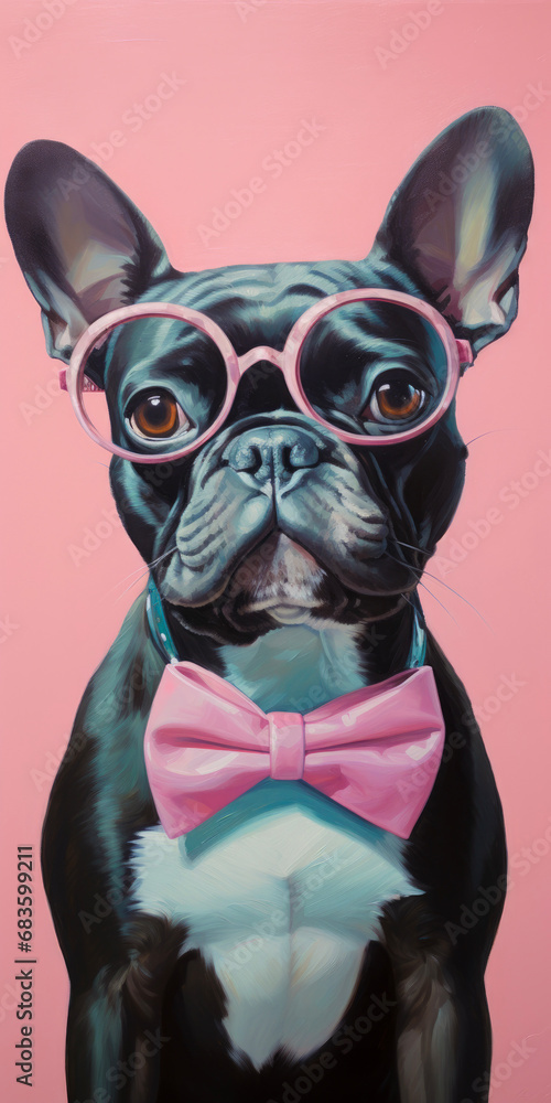 Sophisticated Pooch: Elegantly Attired French Bulldog with Pink Glasses and Bow Tie on Pastel Pink Background