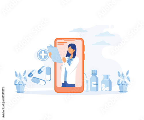 Smart phone screen with a female doctor. Online medical services, consultation and telemedicine concept.  flat vector modern illustration 