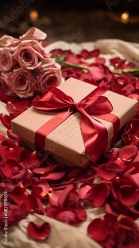 A beautifully wrapped gift box adorned with ribbons and a handwritten note placed amidst a bed of rose petals. © Bea