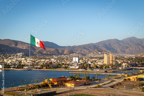Downtown Business District of Ensenada, Mexico With Large Mexican Flag