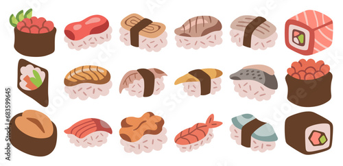 Sushi illustration icon set. Flat stylized on white background.
