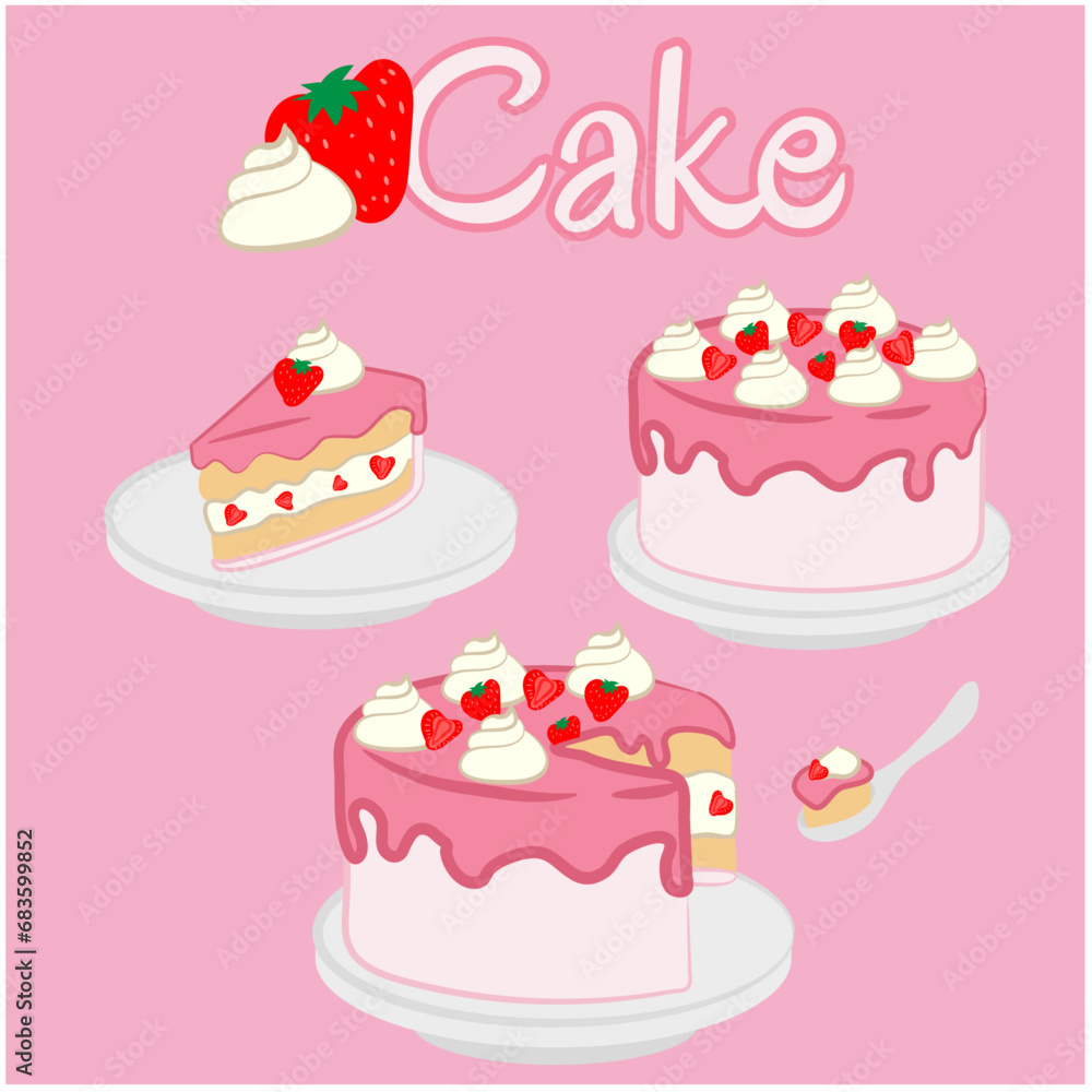 ilustracion vectorial de set de pastel rosa de fresa con crema y frutas ilustracion vectorial de set de pastel rosa de fresa con crema y frutas