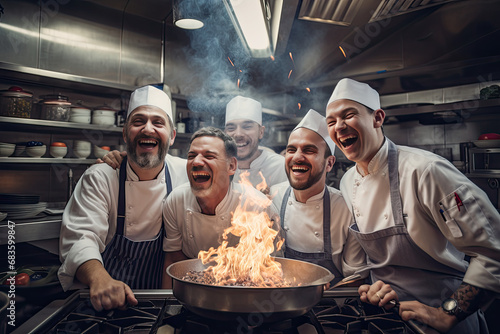 group of professional chefs, frontline staff, restaurant servers, coffee baristas, food preparer, smiling, commercial restaurant kitchen.  Concept of teamwork, collaboration, working together to cook photo