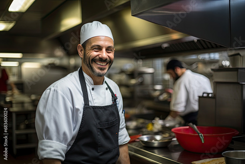 A professional chef, frontline staff, restaurant servers, coffee baristas, food preparer, smiling, commercial restaurant kitchen.  Concept of teamwork, collaboration, working together to cook