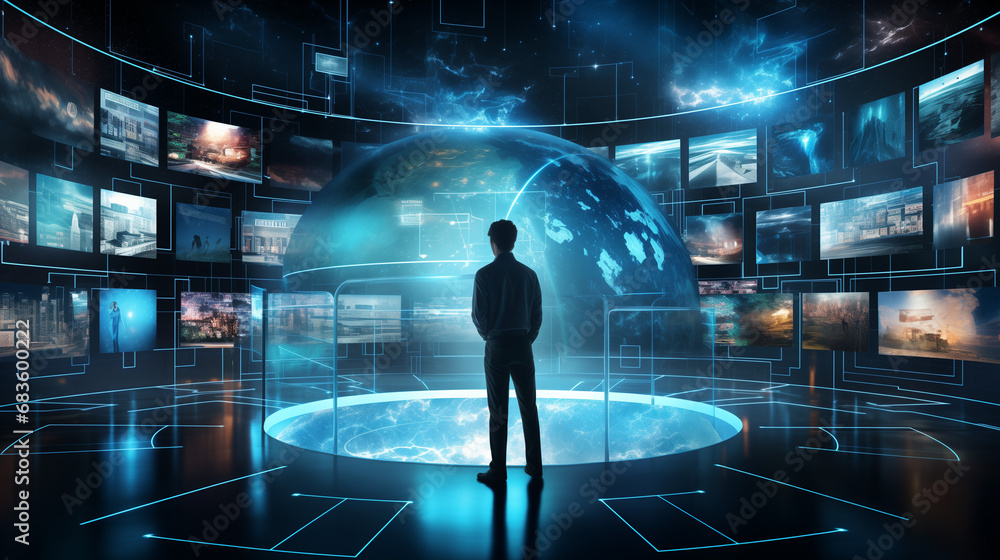 A person standing in a data monitoring room, digital technology A person standing in a data monitoring room, digital technology