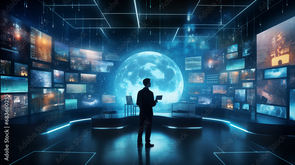 A person standing in a data monitoring room, digital technology concept illustration A person standing in a data monitoring room, digital technology concept illustration