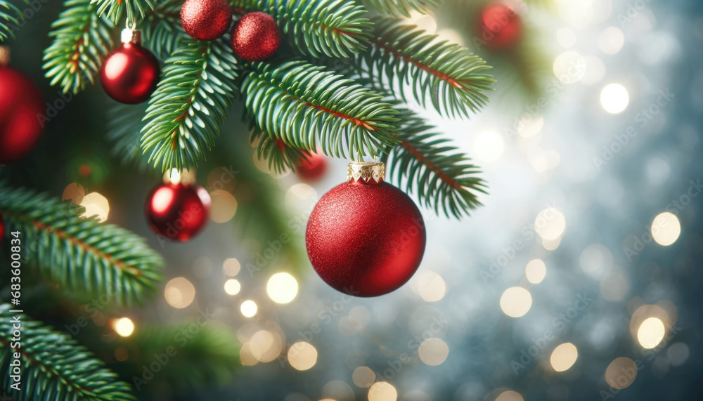 A close-up view of red christmas ornaments hanging from a pine tree branch. Generative ai. A close-up view of red christmas ornaments hanging from a pine tree branch. Generative ai.