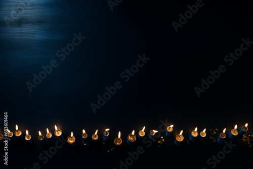 Flaming candles at night on dark blue background with lights. Candles in Christian church as catholic symbol. Abstract festive backdrop. Christmas eve or Chanukah banner with copy space