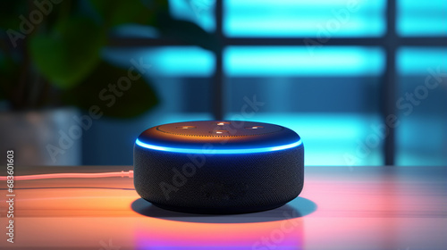 Echo from Amazon Alexa on the table. Alexa is a virtual personal assistant developed by Amazon with the aim of assisting in the execution of some everyday tasks. The user interacts through speech.