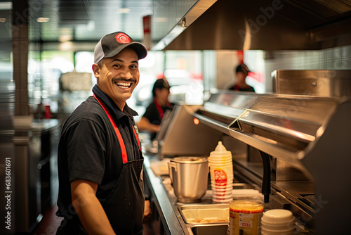 Professional chef, fast food, frontline staff, restaurant cook, food preparer, smiling, commercial restaurant kitchen.  Cooking fried foods, fries, burger, taco, burrito, bacon, pizza