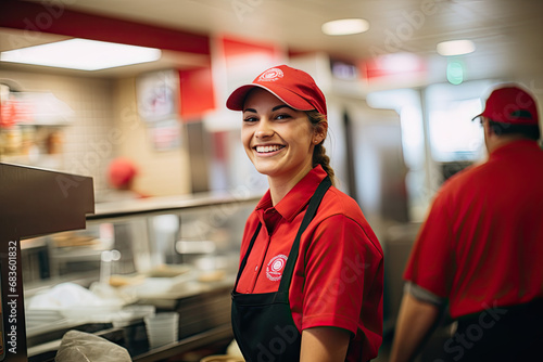 Professional chef, fast food, frontline staff, restaurant cook, food preparer, smiling, commercial restaurant kitchen.  Cooking fried foods, fries, burger, taco, burrito, bacon, pizza © Bernice