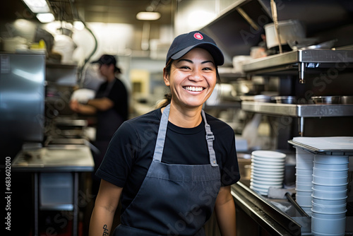 Professional chef, fast food, frontline staff, restaurant cook, food preparer, smiling, commercial restaurant kitchen.  Cooking fried foods, fries, burger, taco, burrito, bacon, pizza