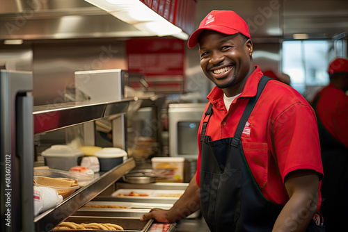 Professional chef, fast food, frontline staff, restaurant cook, food preparer, smiling, commercial restaurant kitchen. Cooking fried foods, fries, burger, taco, burrito, bacon, pizza