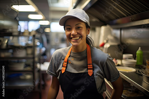 Professional chef, fast food, frontline staff, restaurant cook, food preparer, smiling, commercial restaurant kitchen.  Cooking fried foods, fries, burger, taco, burrito, bacon, pizza
